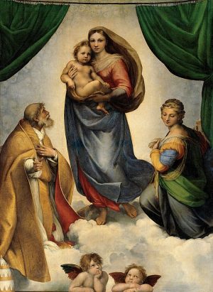 Mary and the Child Jesus in her arms, looking out at the viewer, standing on a cloud with saints and angels around them