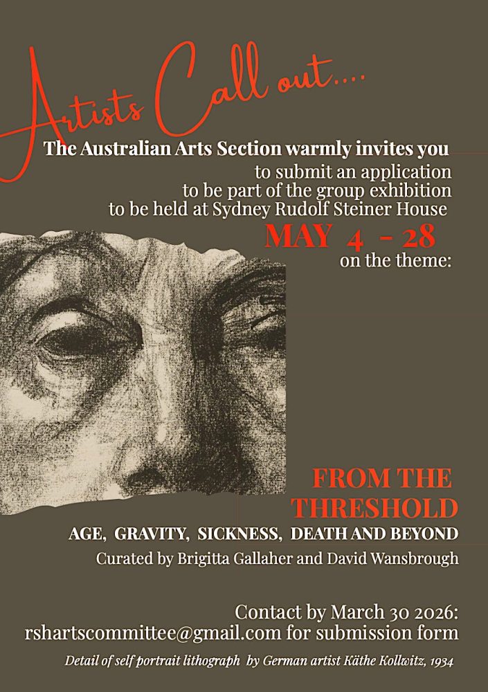 Poster with a photo of a drawing of a face, surrounded by text