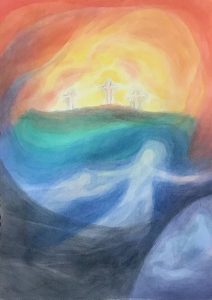 painting of figures walking through a rainbow above a black chasm