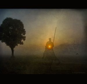 ghostly figure of a knight on a horse at last light of day, near a silhouetted tree