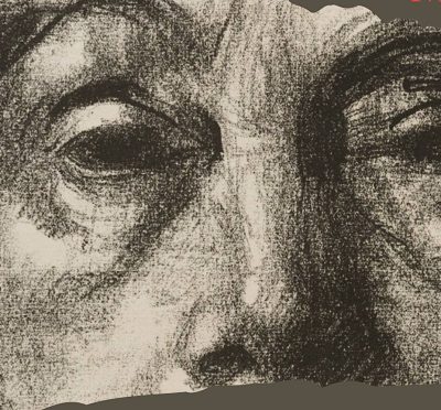black and white drawing of face, detail