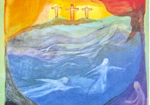 painting of three crosses on a hill