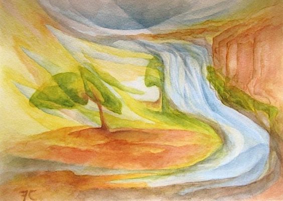 painting of a tree by a waterfall amidst streaming etheric forces