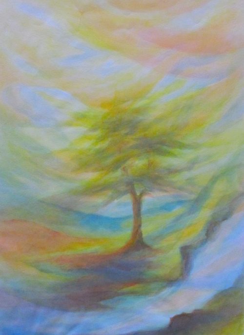 Painting of a tree by a waterfall