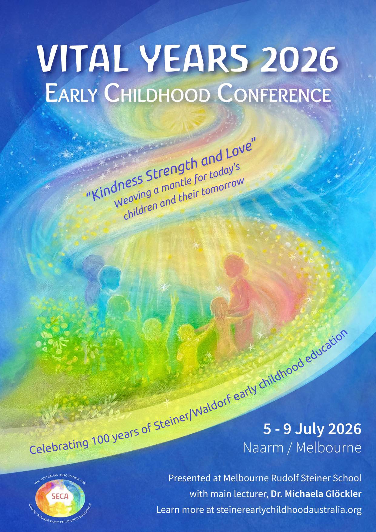 Poster of children and adult standing in a spiral of light and colour